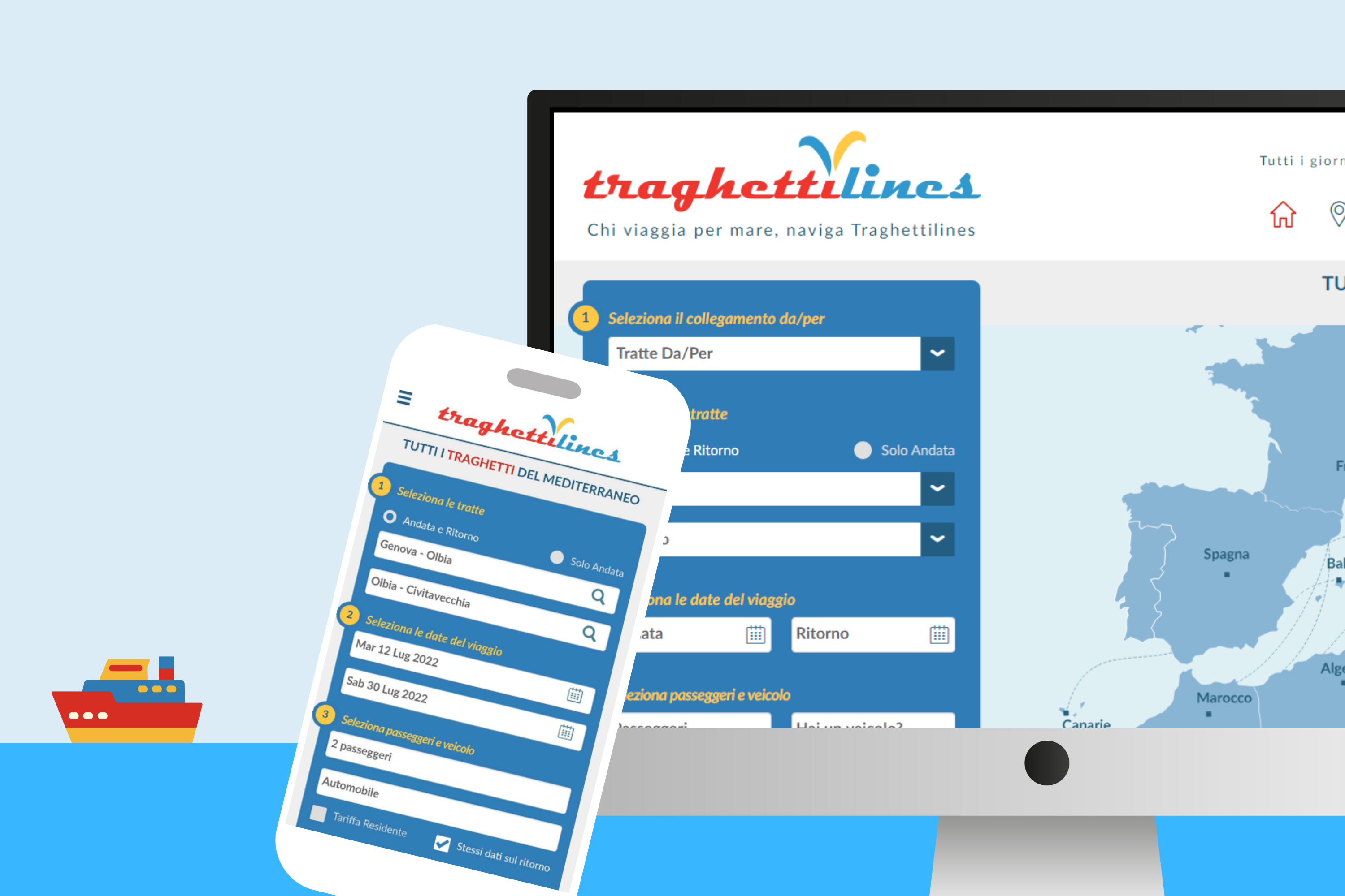 Immagine con le versioni mobile e pc del sito di Traghettilines